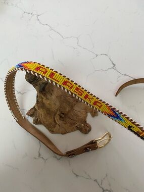Vintage Beaded Multicolor Leather Belt - Yellow Accent